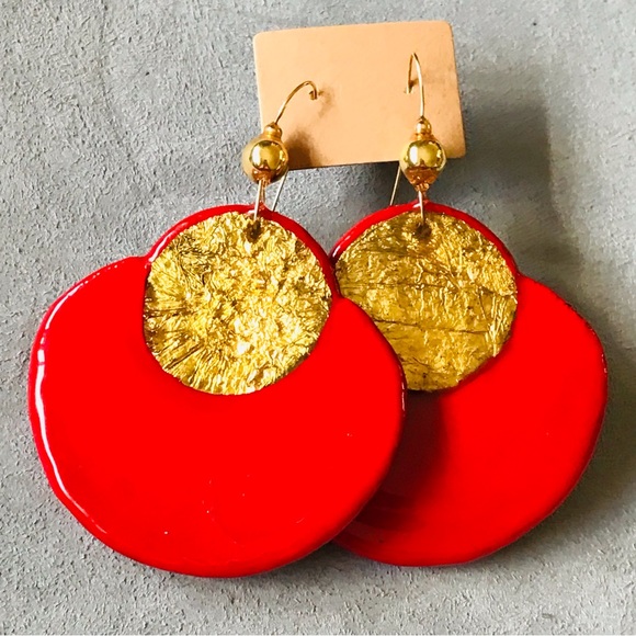 Vintage 80’s Red & Goldleaf Lacquer & Paper Statement OOAK Earrings Signed Dion - Picture 3 of 11